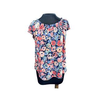 Lauren Conrad Womens Multicolor Floral Short Sleeve Blouse Top With Back Tie Det